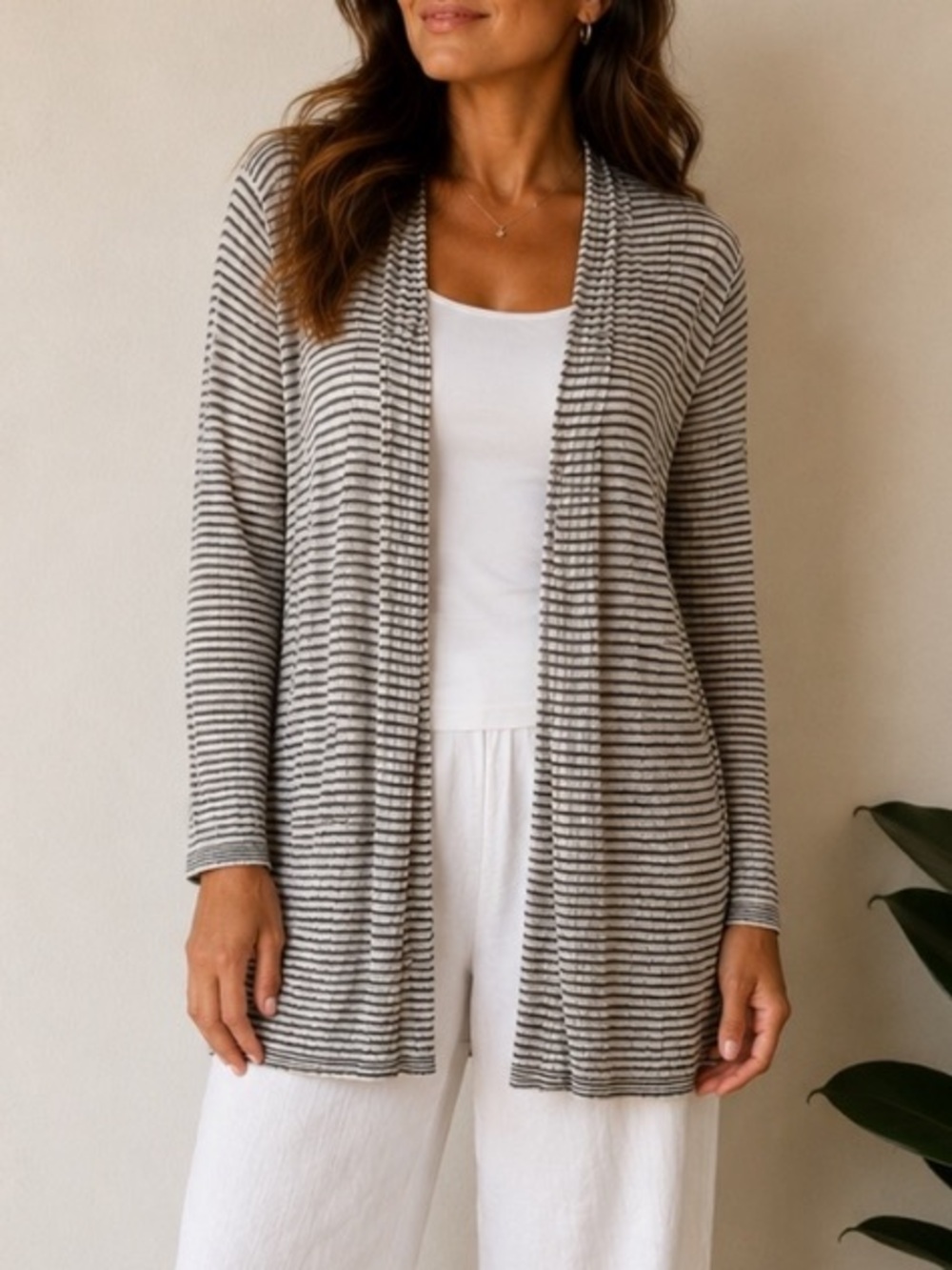 Eileen Fisher Women's Fine Organic Linen Crepe Knit Simple Cardigan Medium